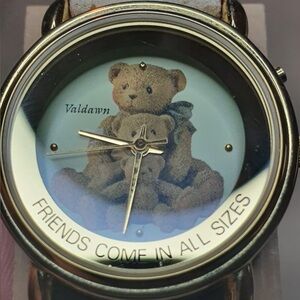 Vtg Valdawn Cherished Teddies Goldtone Leather Bears Print Musical Women's Watch